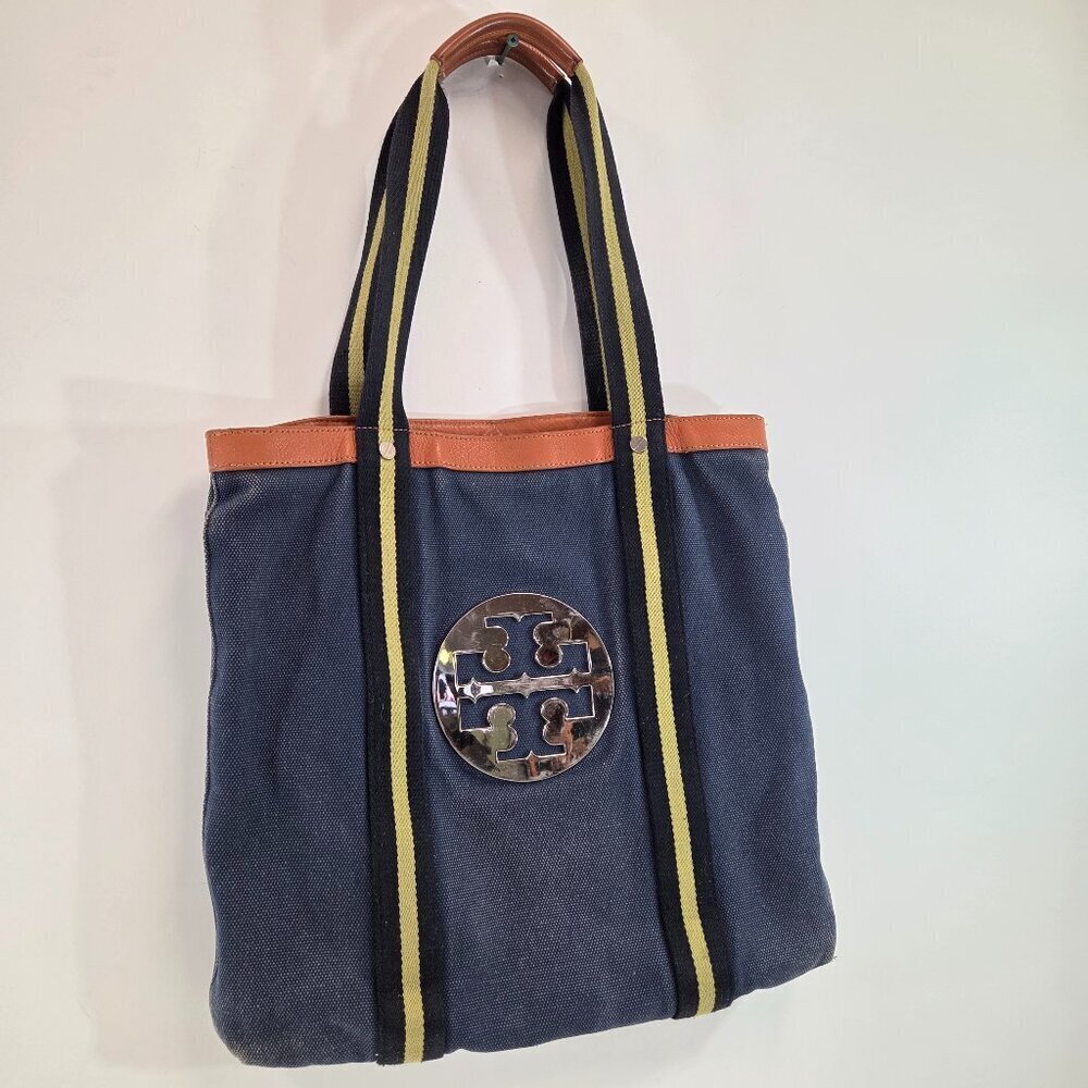 Tory Burch Large Pacey Book Tote Bag Blue Canvas Large Logo Purse